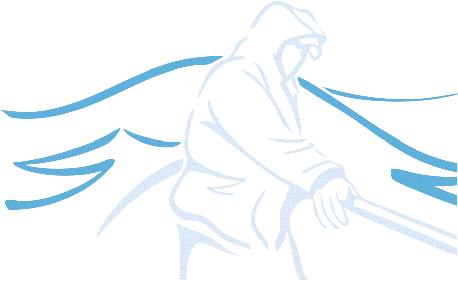 Illustrated graphic of fisherman along water.